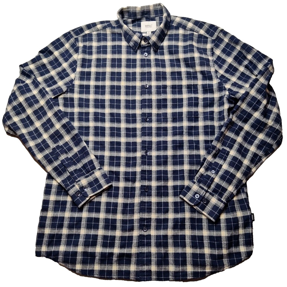 WESC REGULAR FIT Men Size XL (Women 2XL) Blue Plaid Flannel Shirt